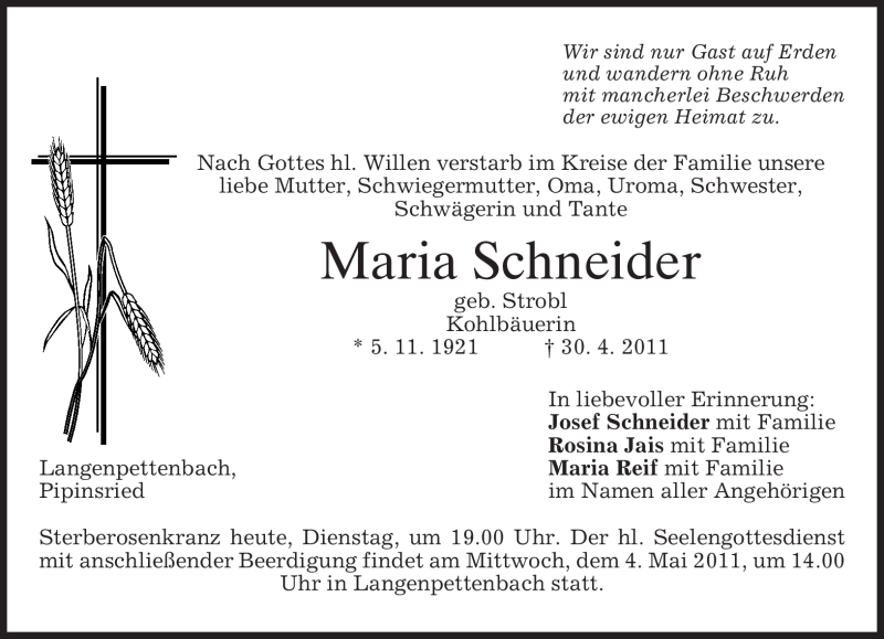  Traueranzeige für Maria Schneider vom 03.05.2011 aus MERKUR & TZ