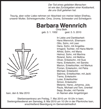Traueranzeige von Barbaram Wennrich von MERKUR & TZ
