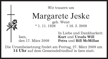 Traueranzeige von Margarete Jeske von MERKUR & TZ