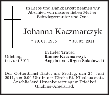 Traueranzeige von Johanna Kaczmarczyk von MERKUR & TZ
