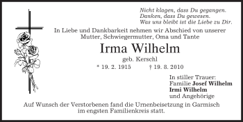 Traueranzeige von Irma Wilhelm von MERKUR & TZ