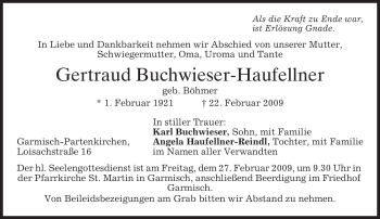 Traueranzeige von Gertraud Buchwieser-Haufellner von MERKUR & TZ