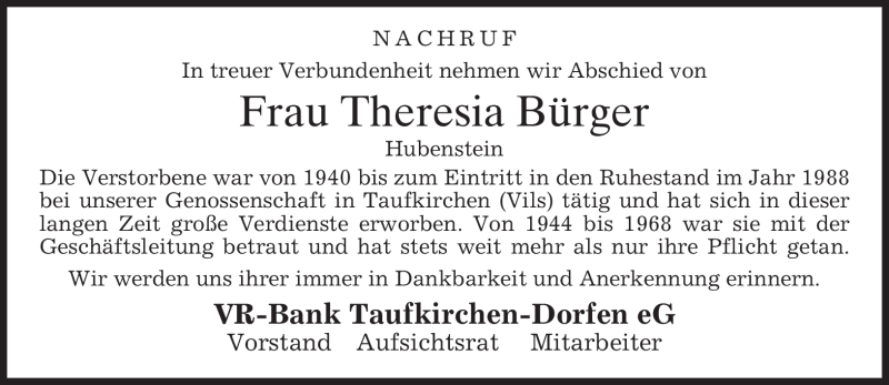  Traueranzeige für Theresia Bürger vom 22.04.2009 aus MERKUR & TZ