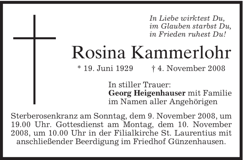  Traueranzeige für Rosina Kammerlohr vom 08.11.2008 aus MERKUR & TZ