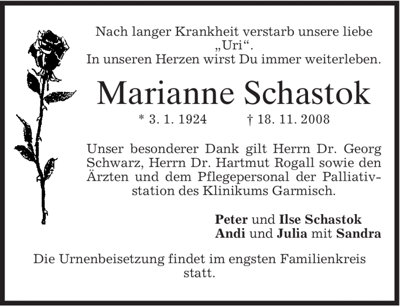  Traueranzeige für Marianne Schastok vom 21.11.2008 aus MERKUR & TZ