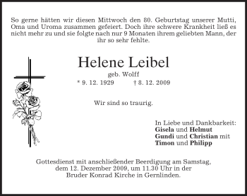 Traueranzeige von Helene Leibel von MERKUR & TZ