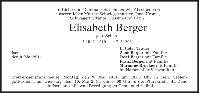  Traueranzeige für Elisabeth Berger vom 09.05.2011 aus MERKUR & TZ