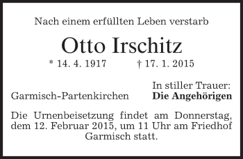 Traueranzeige von Otto Irschitz von merkurtz
