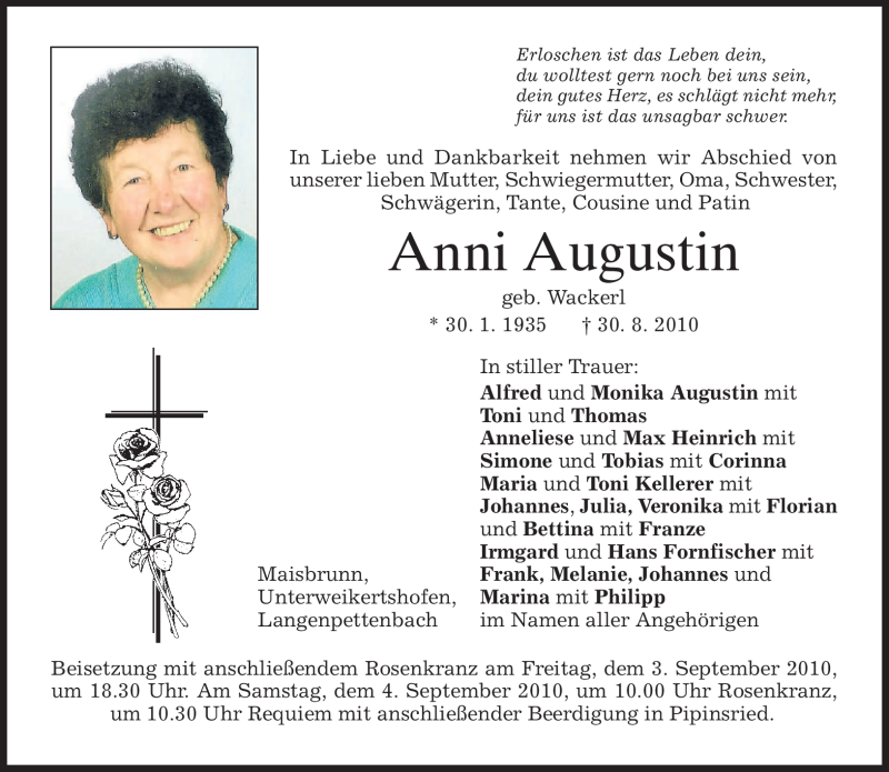  Traueranzeige für Anni Augustin vom 02.09.2010 aus MERKUR & TZ