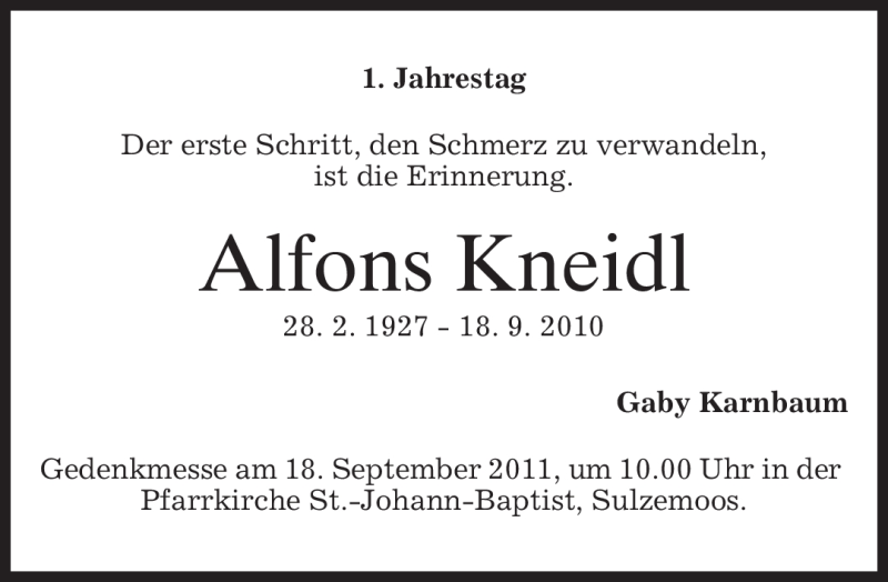  Traueranzeige für Alfons Kneidl vom 17.09.2011 aus MERKUR & TZ