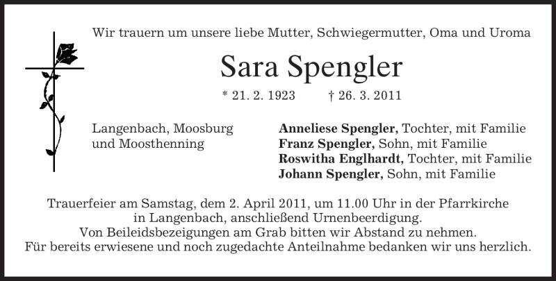  Traueranzeige für Sara Spengler vom 30.03.2011 aus MERKUR & TZ