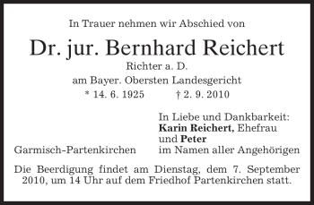 Traueranzeige von Bernhard Reichert von MERKUR & TZ