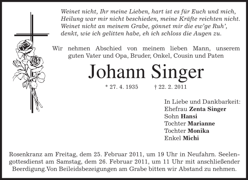  Traueranzeige für Johann Singer vom 24.02.2011 aus MERKUR & TZ