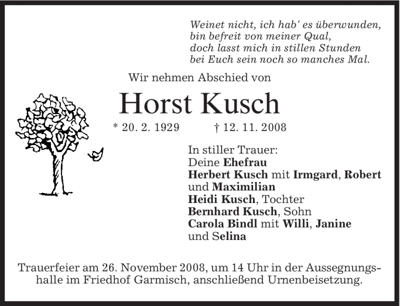  Traueranzeige für Horst Kusch vom 22.11.2008 aus MERKUR & TZ