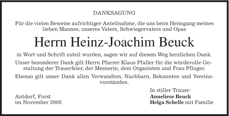 Traueranzeige für Heinz-Joachim Beuck vom 15.11.2008 aus MERKUR & TZ