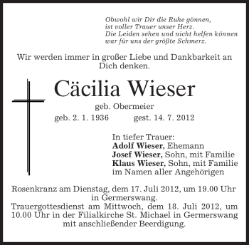 Traueranzeige von Cäcilia Wieser von MERKUR & TZ