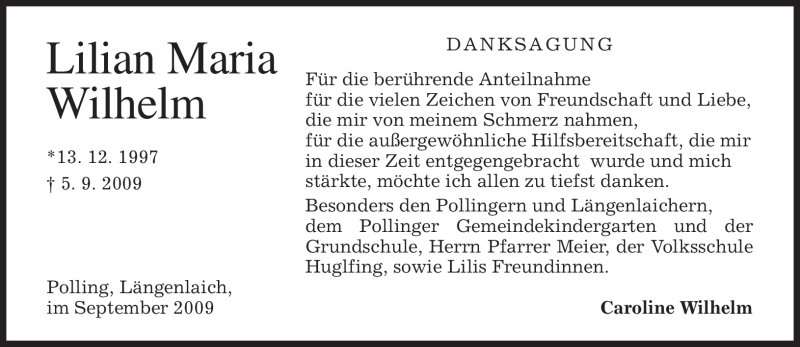  Traueranzeige für Lilian Maria Wilhelm vom 28.09.2009 aus MERKUR & TZ