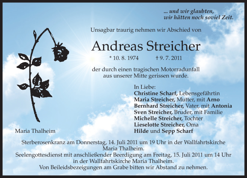  Traueranzeige für Andreas Streicher vom 13.07.2011 aus MERKUR & TZ
