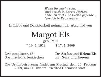 Traueranzeige von Margot Els von MERKUR & TZ
