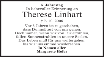 Traueranzeige von Therese Linhart von MERKUR & TZ