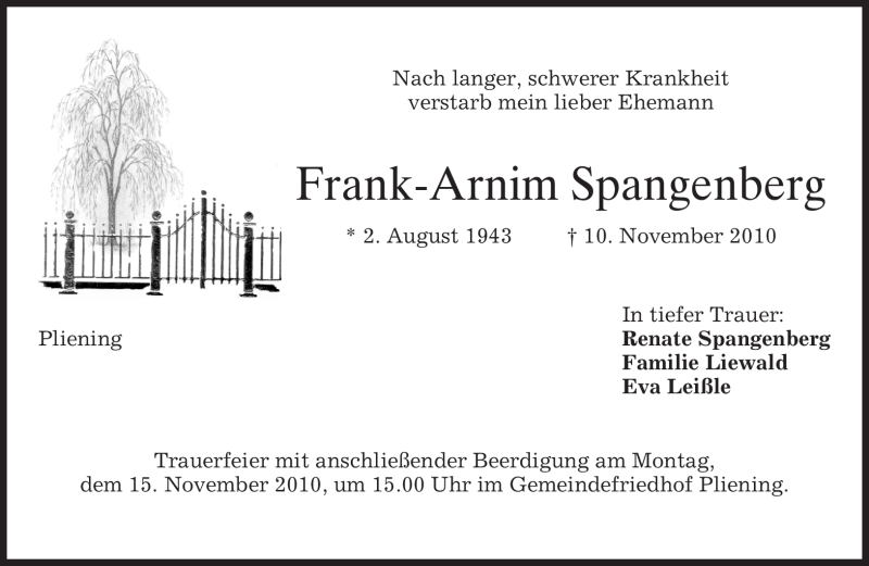  Traueranzeige für Frank-Arnim Spangenberg vom 12.11.2010 aus MERKUR & TZ