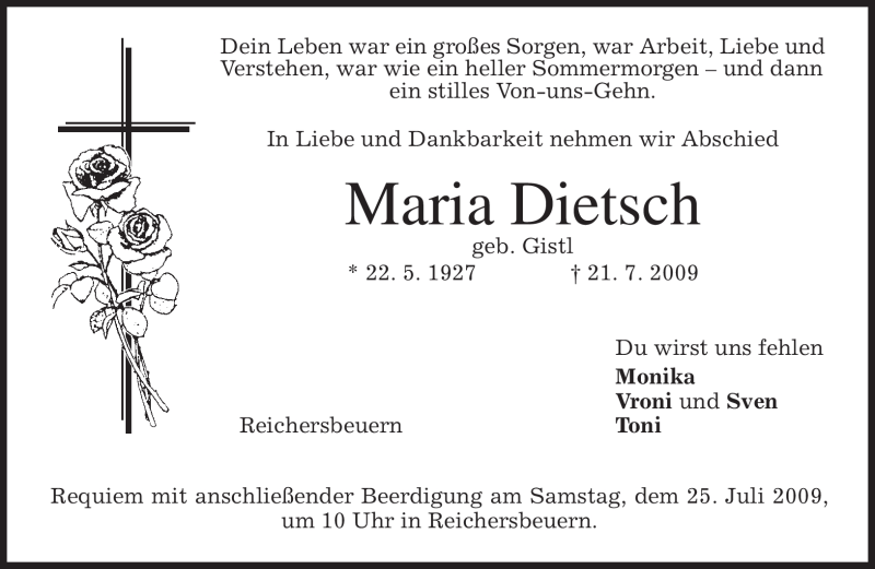  Traueranzeige für Maria Dietsch vom 23.07.2009 aus MERKUR & TZ