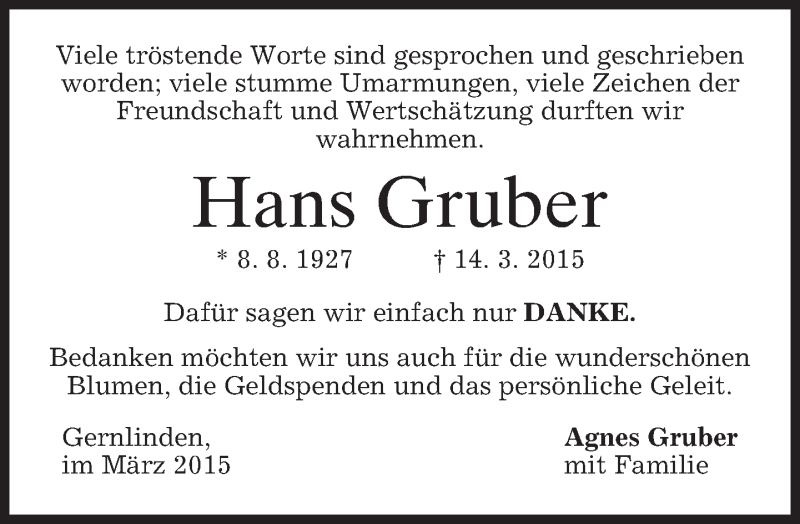  Traueranzeige für Hans Gruber vom 28.03.2015 aus merkurtz