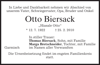 Traueranzeige von Otto Biersack von MERKUR & TZ