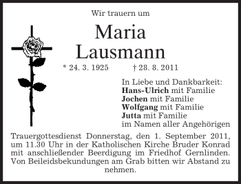 Traueranzeige von Maria Lausmann von MERKUR & TZ