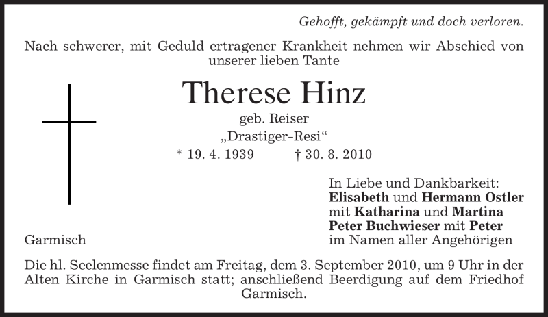  Traueranzeige für Therese Hinz vom 02.09.2010 aus MERKUR & TZ