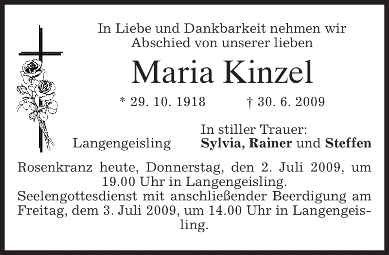  Traueranzeige für Maria Kinzel vom 02.07.2009 aus MERKUR & TZ