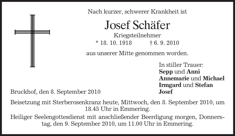  Traueranzeige für Josef Schäfer vom 08.09.2010 aus MERKUR & TZ