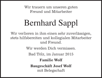 Traueranzeige von Bernhard Sappl von merkurtz