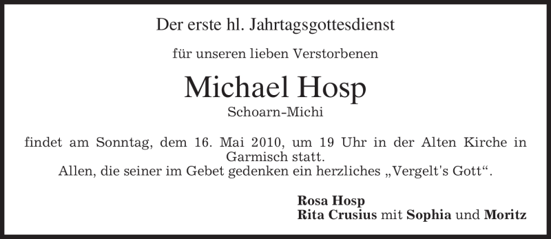  Traueranzeige für Michael Hosp vom 15.05.2010 aus MERKUR & TZ