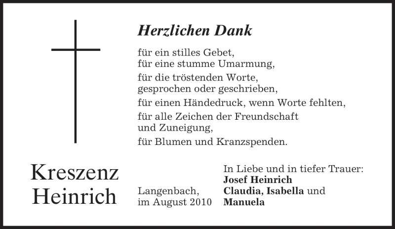  Traueranzeige für Kreszenz Heinrich vom 21.08.2010 aus MERKUR & TZ