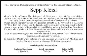 Traueranzeige von Sepp Kleisl von MERKUR & TZ