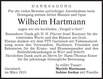 Traueranzeige von Wilhelm Hartmann von merkurtz