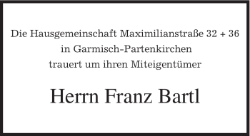 Traueranzeige von Franz Bartl von MERKUR & TZ