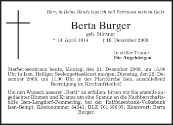 Traueranzeige von Berta Burger von MERKUR & TZ