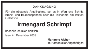 Traueranzeige von Irmengard Schrimpf von MERKUR & TZ