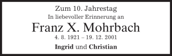 Traueranzeige von Franz X. Mohrbach von MERKUR & TZ