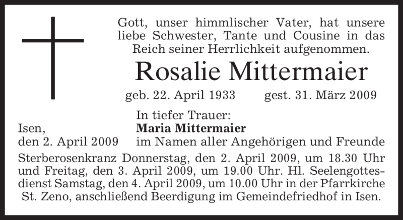  Traueranzeige für Rosalie Mittermaier vom 02.04.2009 aus MERKUR & TZ