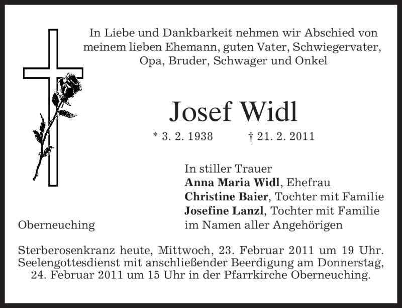  Traueranzeige für Josef Widl vom 23.02.2011 aus MERKUR & TZ