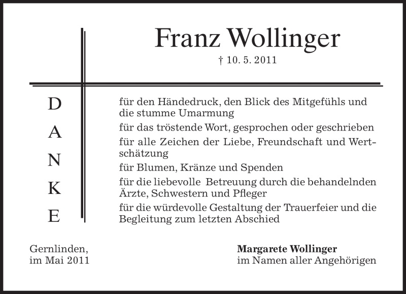  Traueranzeige für Franz Wollinger vom 21.05.2011 aus MERKUR & TZ