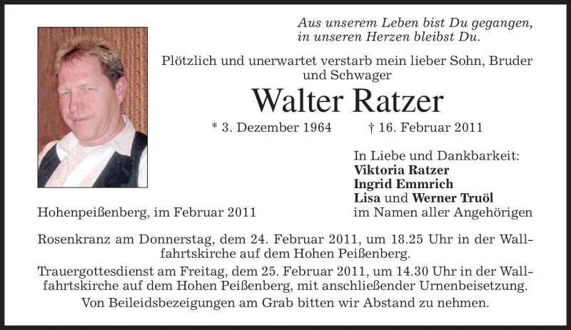  Traueranzeige für Walter Ratzer vom 22.02.2011 aus MERKUR & TZ