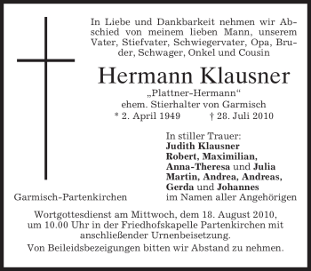 Traueranzeige von Hermann Klausner von MERKUR & TZ