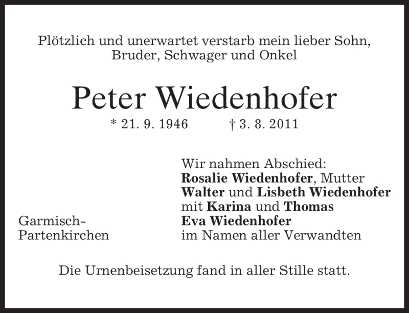  Traueranzeige für Peter Wiedenhofer vom 27.08.2011 aus MERKUR & TZ