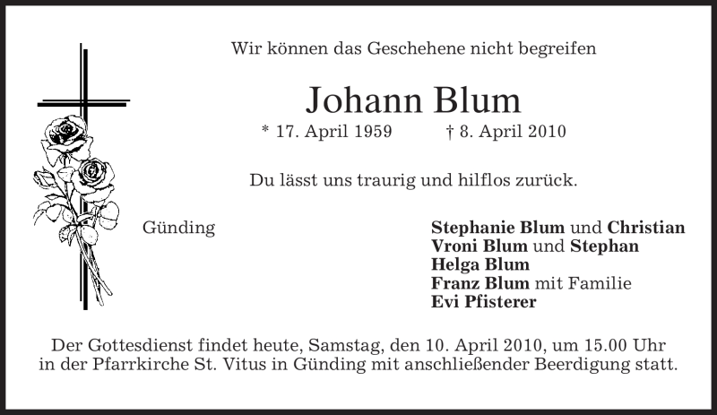  Traueranzeige für Johann Blum vom 10.04.2010 aus MERKUR & TZ