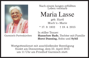 Traueranzeige von Maria Lasse von merkurtz