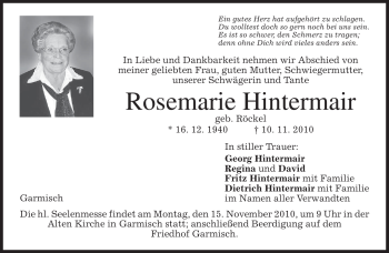 Traueranzeige von Rosemarie Hintermair von MERKUR & TZ